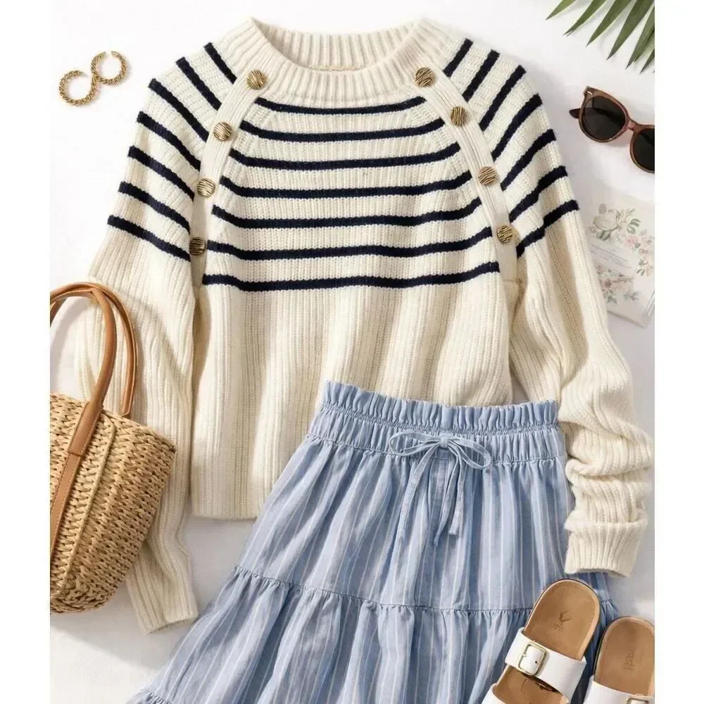 H&M preppy mariner striped bottom sweater chunky knit M